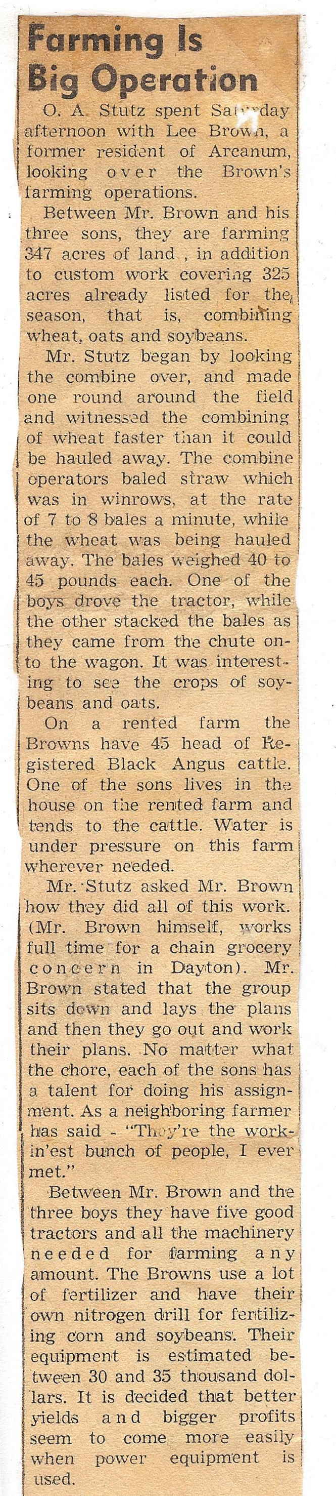 Lee Elbert Family - Lee Elbert Brown - Farming is Big Operation NP clipping c. 1960s